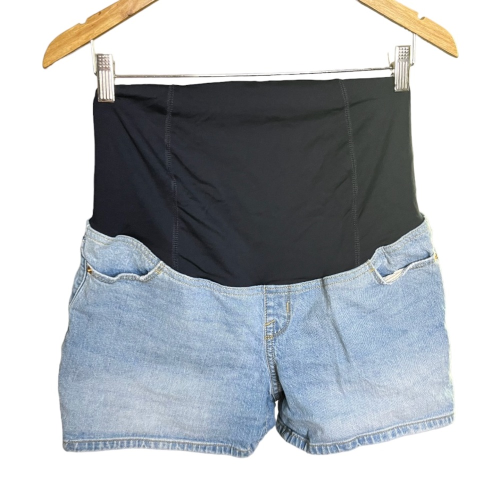Ingrid & Isabel Maternity Crossover Panel  Denim Light Blue Midi Jean Shorts